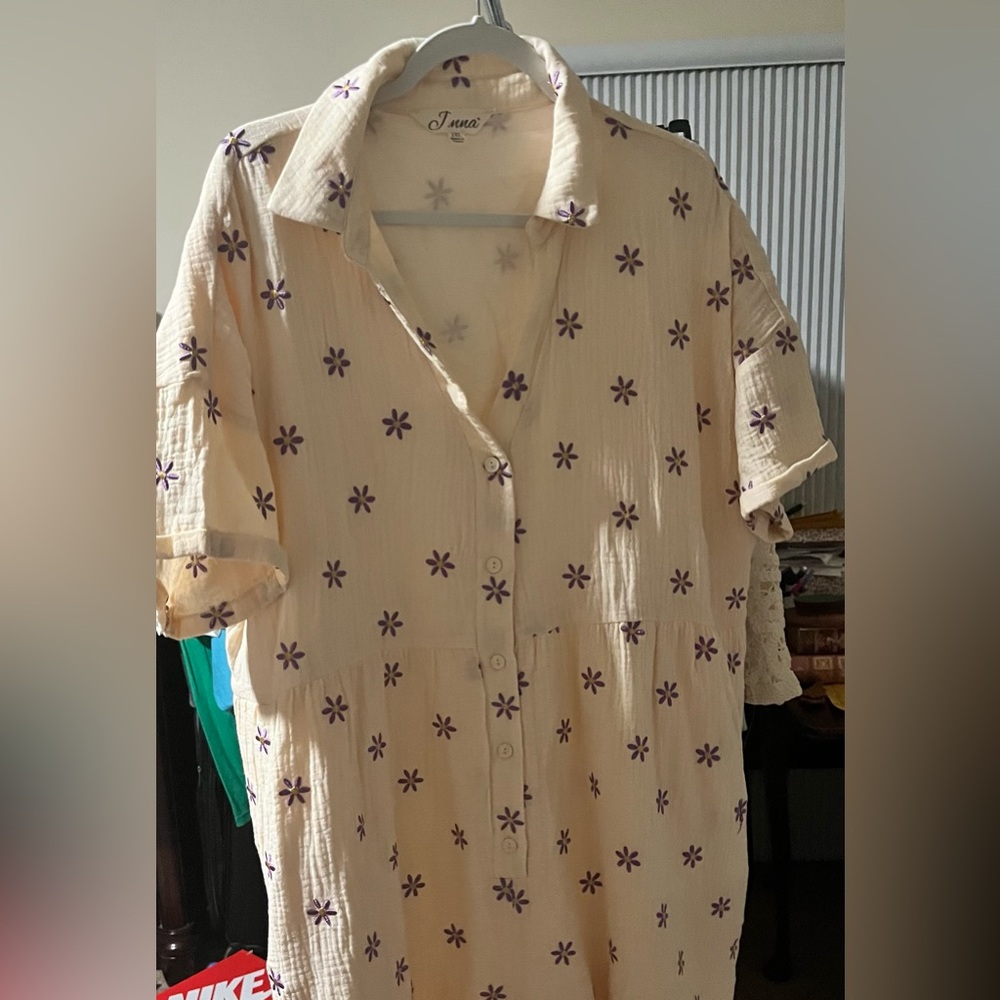 Boutique Floral Cream with Purple embroidered Flowers.  Front Button Romper.